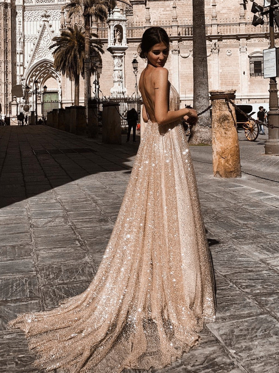 Sexy A Line V Neck Backless Long Sparkling Formal Prom Dresses