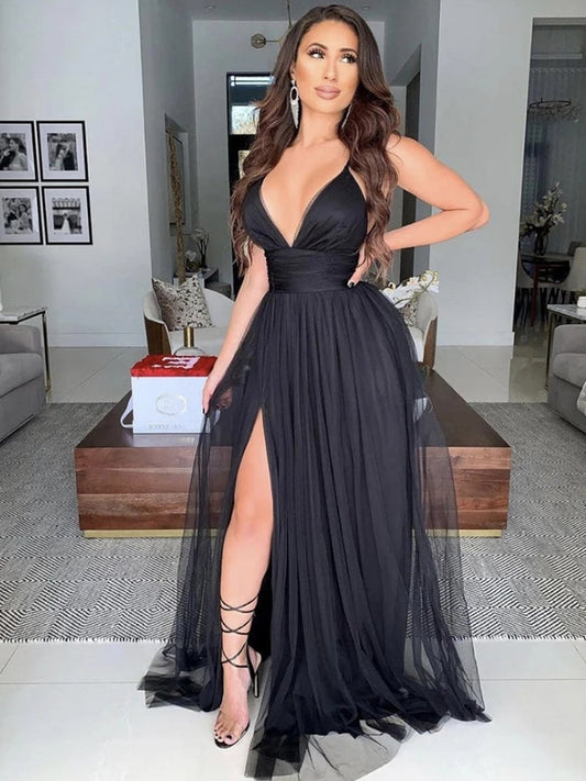 Sexy schwarzes langes A-Linien-Ballkleid aus Tüll mit V-Ausschnitt und Schlitz