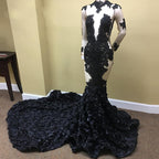 Sexy schwarzes langärmliges Ballkleid aus Spitze mit Blumen unten 