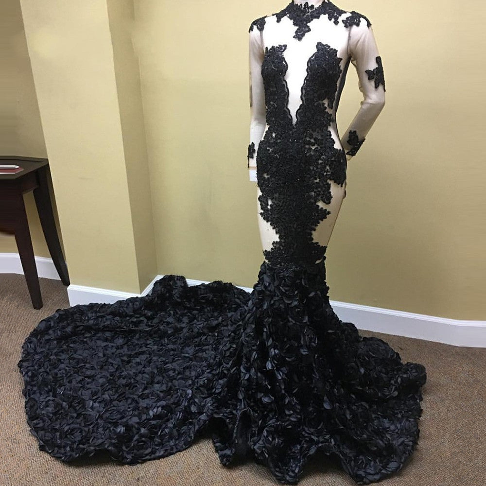 Sexy schwarzes langärmliges Ballkleid aus Spitze mit Blumen unten 