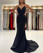 Vestido de fiesta largo sexy de sirena negro con escote en V y espalda descubierta