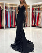 Vestido de fiesta largo sexy de sirena negro con escote en V y espalda descubierta