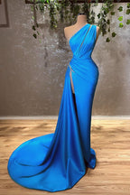 Sexy blaues One-Shoulder-Meerjungfrau-Ballkleid mit Schlitz und Perlen