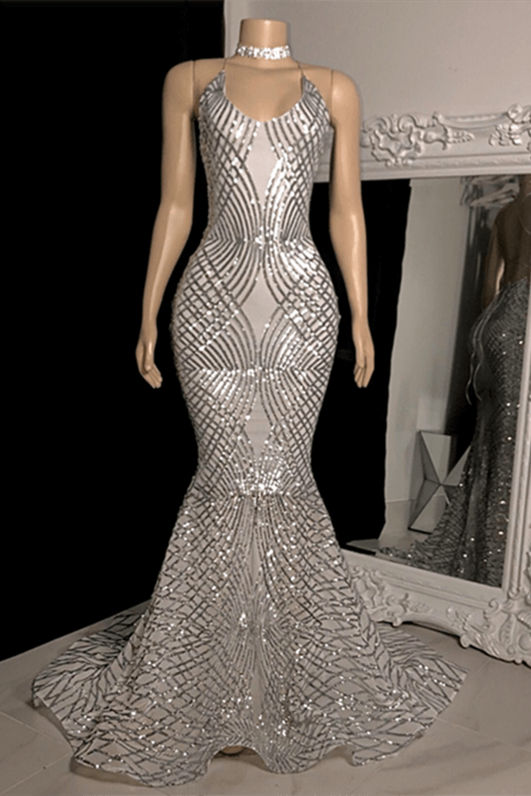 Vestido de fiesta sexy de sirena con tirantes cruzados, sin mangas y cuello halter con apliques