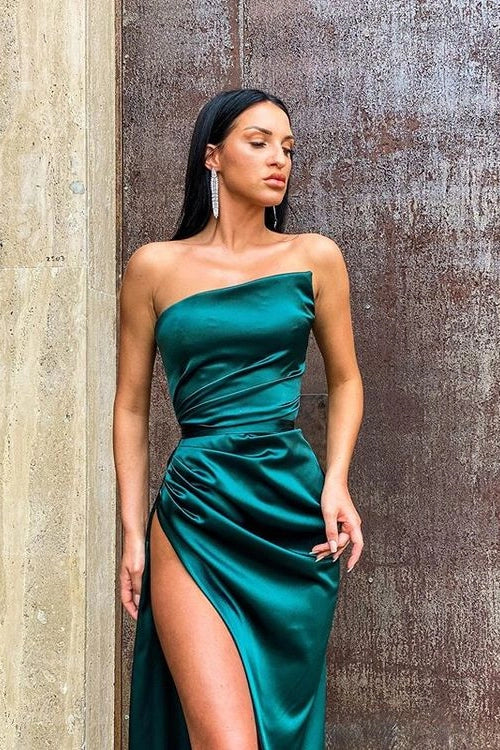 Vestido de fiesta de sirena sexy verde oscuro sin mangas con abertura