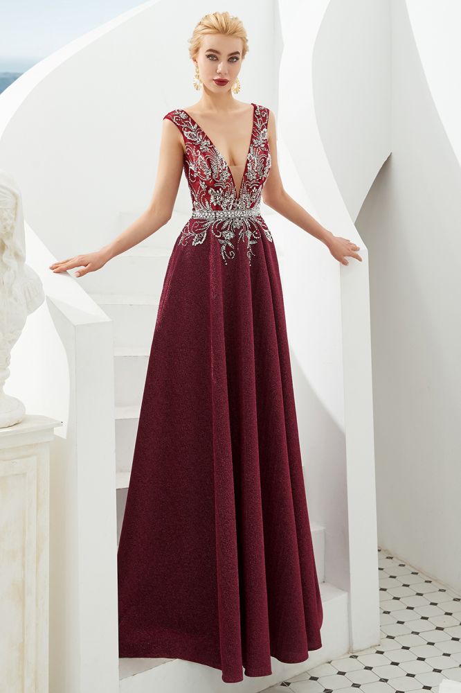 Vestido de noche sexy con escote en V profundo, corte en A, sin mangas, con cristales, largo hasta el suelo, para fiesta de quinceañera
