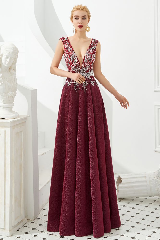 Vestido de noche sexy con escote en V profundo, corte en A, sin mangas, con cristales, largo hasta el suelo, para fiesta de quinceañera
