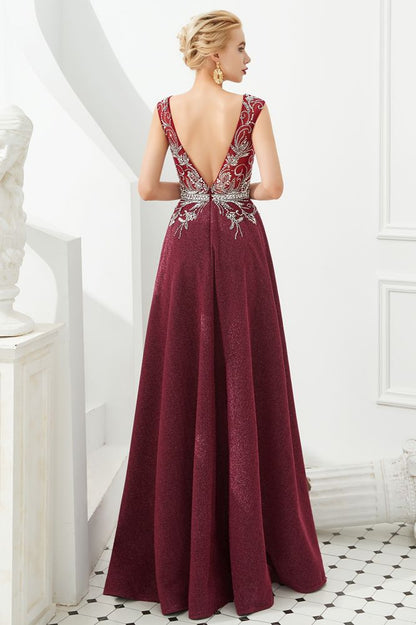 Vestido de noche sexy con escote en V profundo, corte en A, sin mangas, con cristales, largo hasta el suelo, para fiesta de quinceañera