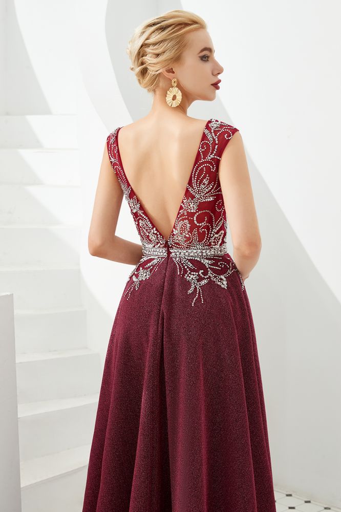 Vestido de noche sexy con escote en V profundo, corte en A, sin mangas, con cristales, largo hasta el suelo, para fiesta de quinceañera