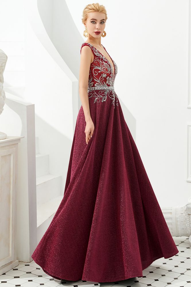 Vestido de noche sexy con escote en V profundo, corte en A, sin mangas, con cristales, largo hasta el suelo, para fiesta de quinceañera