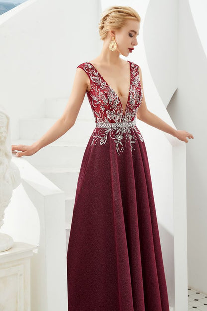 Vestido de noche sexy con escote en V profundo, corte en A, sin mangas, con cristales, largo hasta el suelo, para fiesta de quinceañera