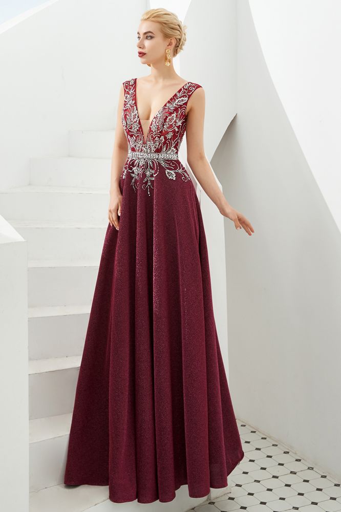 Vestido de noche sexy con escote en V profundo, corte en A, sin mangas, con cristales, largo hasta el suelo, para fiesta de quinceañera