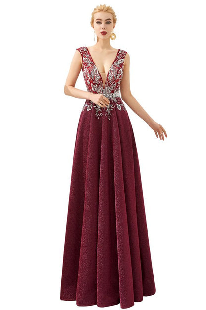 Vestido de noche sexy con escote en V profundo, corte en A, sin mangas, con cristales, largo hasta el suelo, para fiesta de quinceañera