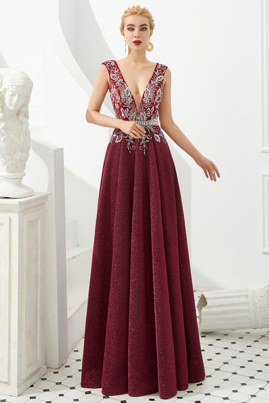 Vestido de noche sexy con escote en V profundo, corte en A, sin mangas, con cristales, largo hasta el suelo, para fiesta de quinceañera