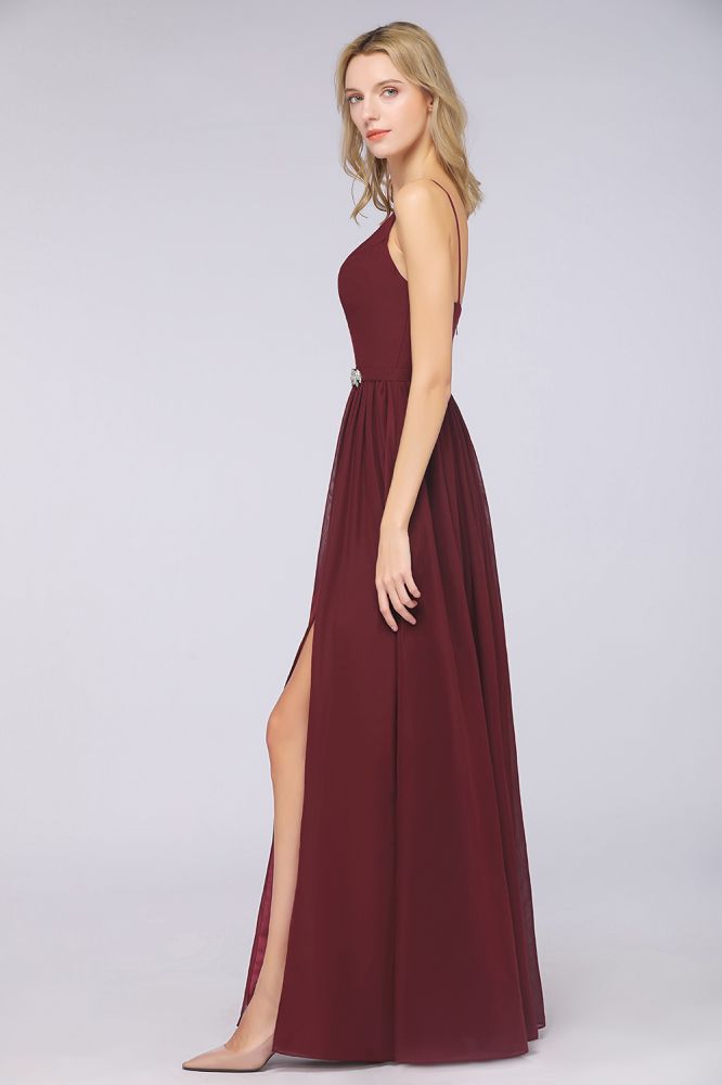 Vestido de dama de honor sexy de gasa con escote en V doble profundo, volantes, sin mangas, abertura lateral, vestido de fiesta de noche