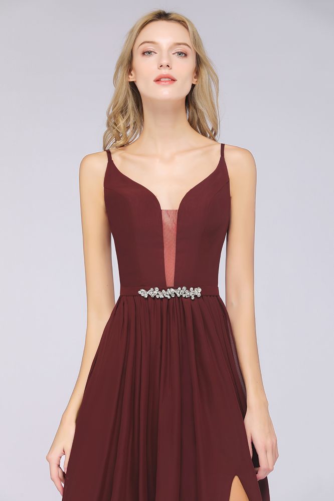 Vestido de dama de honor sexy de gasa con escote en V doble profundo, volantes, sin mangas, abertura lateral, vestido de fiesta de noche