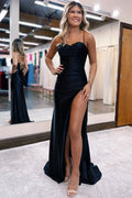 Sexy Floor Length Spaghetti Strap Sleeveless Mermaid Satin Prom Dress with Ruffles