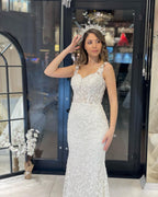 Sexy Floor Length Sweetheart Traps Sleeveless Mermaid Lace Weddding Dress with Court Train