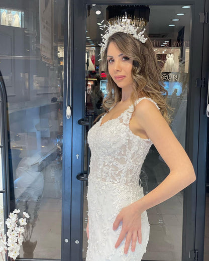 Vestido de novia de encaje sirena, sin mangas, con escote en forma de corazón y cola de corte sexy