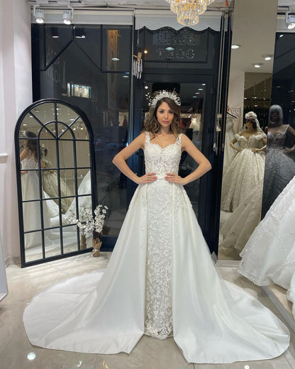 Vestido de novia de encaje sirena, sin mangas, con escote en forma de corazón y cola de corte sexy