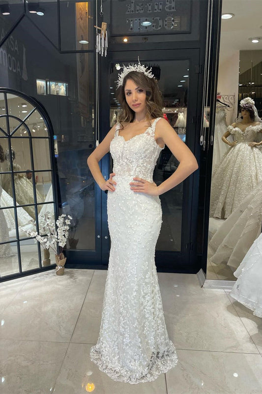 Vestido de novia de encaje sirena, sin mangas, con escote en forma de corazón y cola de corte sexy