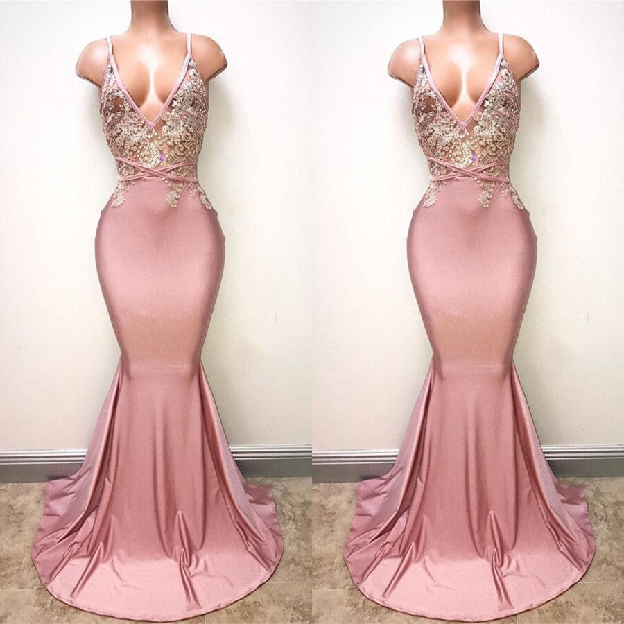 Vestidos de noche con tirantes finos de sirena sin mangas con apliques de encaje sexy