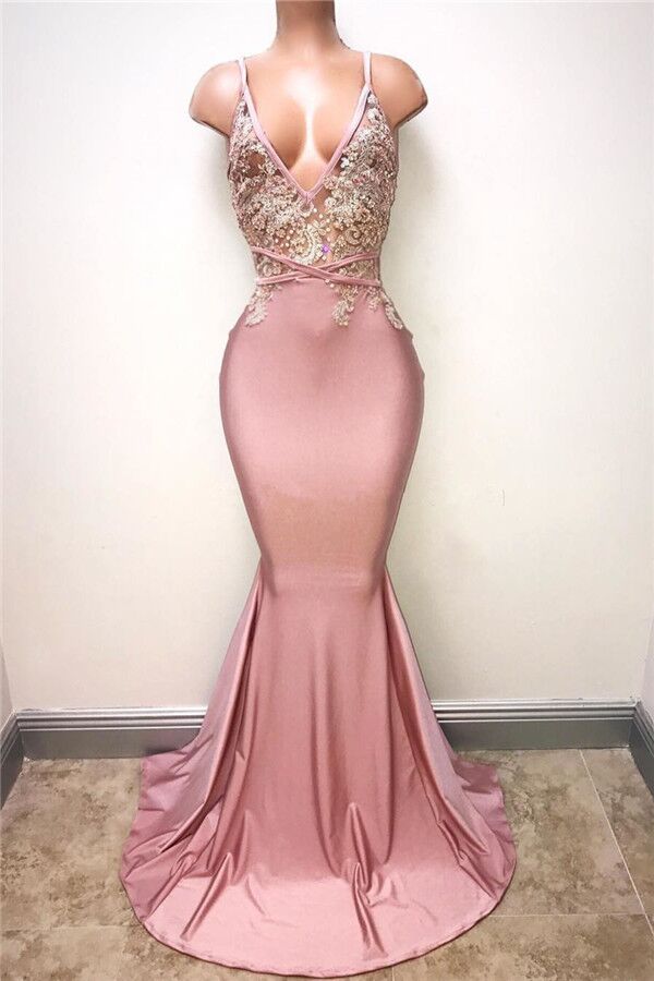 Vestidos de noche con tirantes finos de sirena sin mangas con apliques de encaje sexy