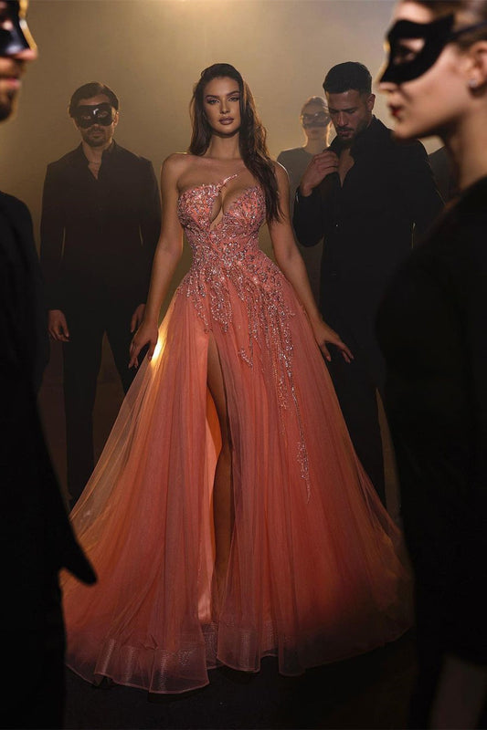 Sexy Langes A-Linie Rosa Ärmelloses One-Shoulder Tüll Ballkleid Mit Strass
