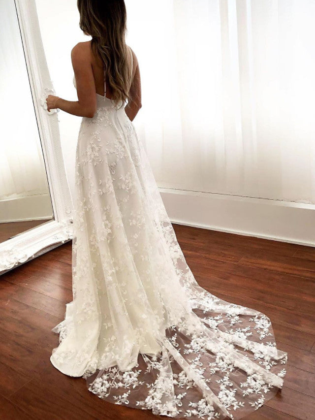 Sexy langes rückenfreies A-Linien-Brautkleid mit Spaghettiträgern und Schlitz