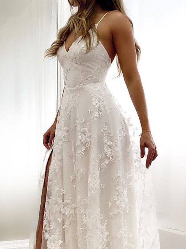 Sexy langes rückenfreies A-Linien-Brautkleid mit Spaghettiträgern und Schlitz