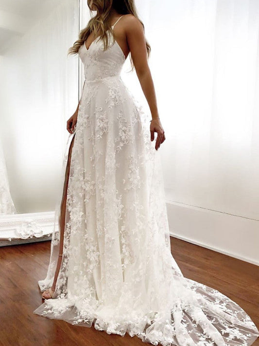 Sexy langes rückenfreies A-Linien-Brautkleid mit Spaghettiträgern und Schlitz
