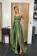 Sexy langes A-Linien-Ballkleid aus Satin mit Spaghettiträgern, Schlitz vorne und rückenfreiem Schnitt und Taschen