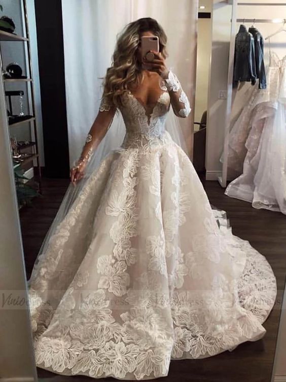 Sexy langes A-Linien-Brautkleid mit V-Ausschnitt, Spitzenapplikationen und Perlen