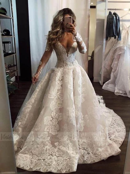 Sexy langes A-Linien-Brautkleid mit V-Ausschnitt, Spitzenapplikationen und Perlen