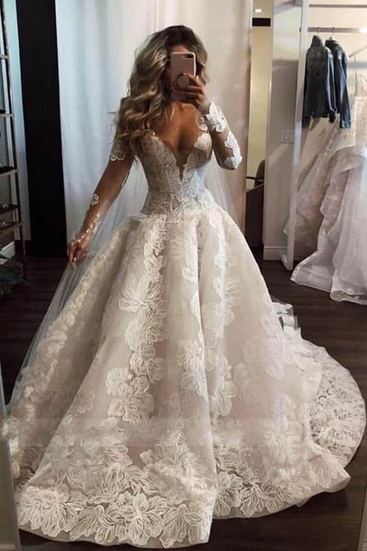 Sexy langes A-Linien-Brautkleid mit V-Ausschnitt, Spitzenapplikationen und Perlen