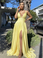 Vestidos de fiesta formales sexys de satén con escote en V, espalda descubierta y corte A con abertura