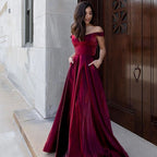 Sexy langes, schulterfreies, rückenfreies Ballkleid aus Samt in A-Linie mit V-Ausschnitt und Taschen