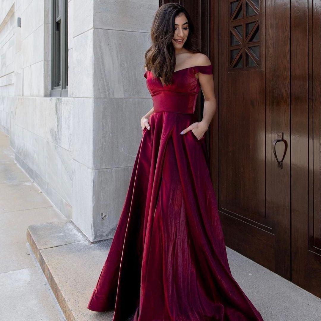 Sexy langes, schulterfreies, rückenfreies Ballkleid aus Samt in A-Linie mit V-Ausschnitt und Taschen