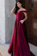 Sexy langes, schulterfreies, rückenfreies Ballkleid aus Samt in A-Linie mit V-Ausschnitt und Taschen
