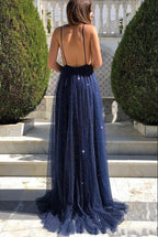 Sexy Long A-line V-neck Open Back Tulle Sequins Prom Dress