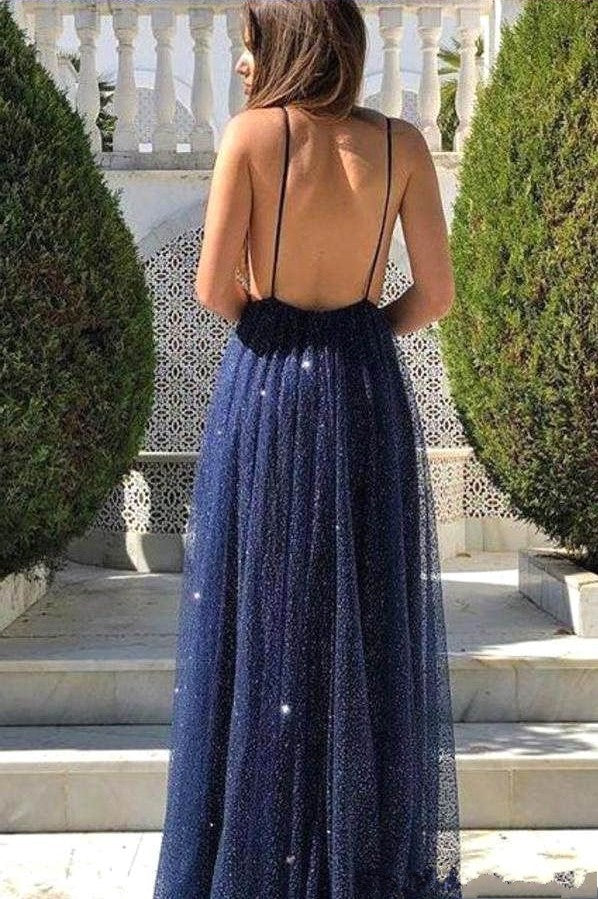 Sexy langes A-Linien-Ballkleid mit V-Ausschnitt und offenem Rücken aus Tüll und Pailletten