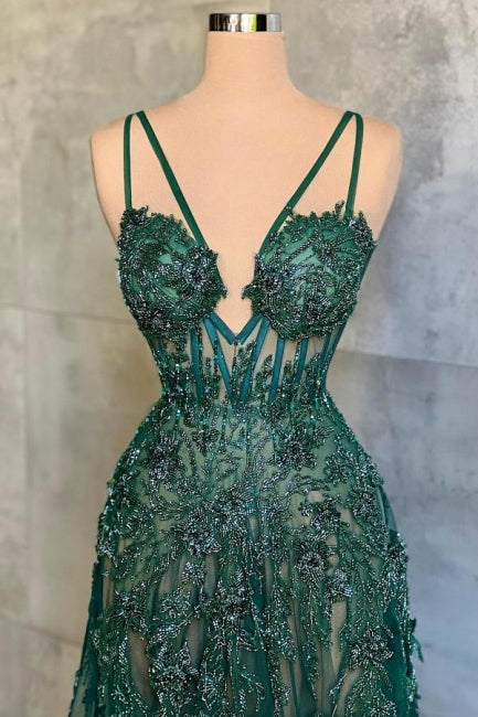 Sexy Langes A-Linie V-Ausschnitt Spaghettiträger Grünes Ballkleid mit Spitze