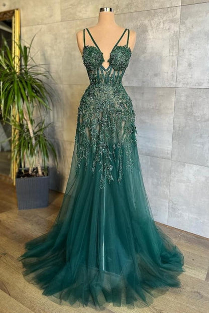 Sexy Langes A-Linie V-Ausschnitt Spaghettiträger Grünes Ballkleid mit Spitze