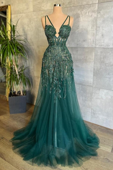 Sexy Langes A-Linie V-Ausschnitt Spaghettiträger Grünes Ballkleid mit Spitze