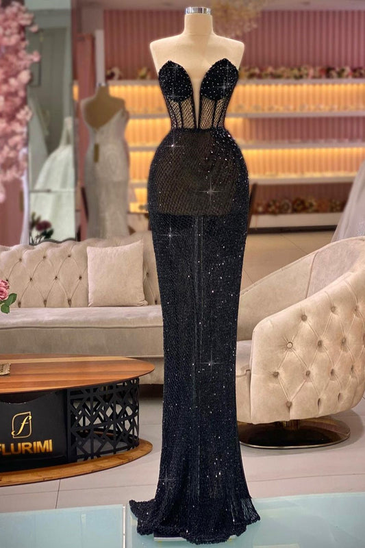 Sexy langes schwarzes Meerjungfrau-Ballkleid mit V-Ausschnitt und ärmellosem