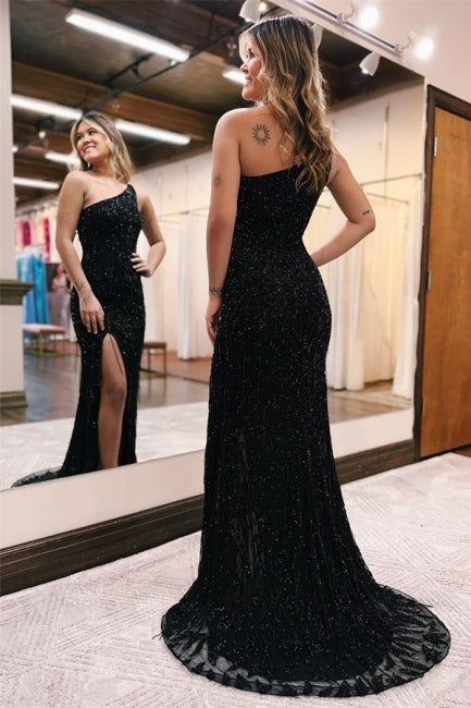 Sexy lange schwarze One-Shoulder-Glitter-Meerjungfrau-Ballkleider mit Schlitz