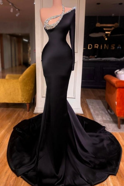 Sexy lange schwarze One-Shoulder-Langarm-Meerjungfrau-Ballkleider mit Glitzer