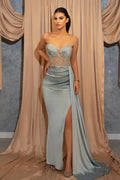 Vestidos de fiesta de sirena sexys, largos, azules, con abertura y brillo, y volantes