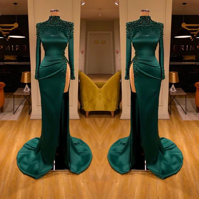 Sexy Langes Dunkelgrünes Ballkleid Mit Hohem Halsausschnitt Und Langen Ärmeln