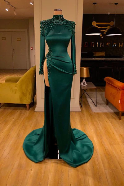 Sexy Langes Dunkelgrünes Ballkleid Mit Hohem Halsausschnitt Und Langen Ärmeln
